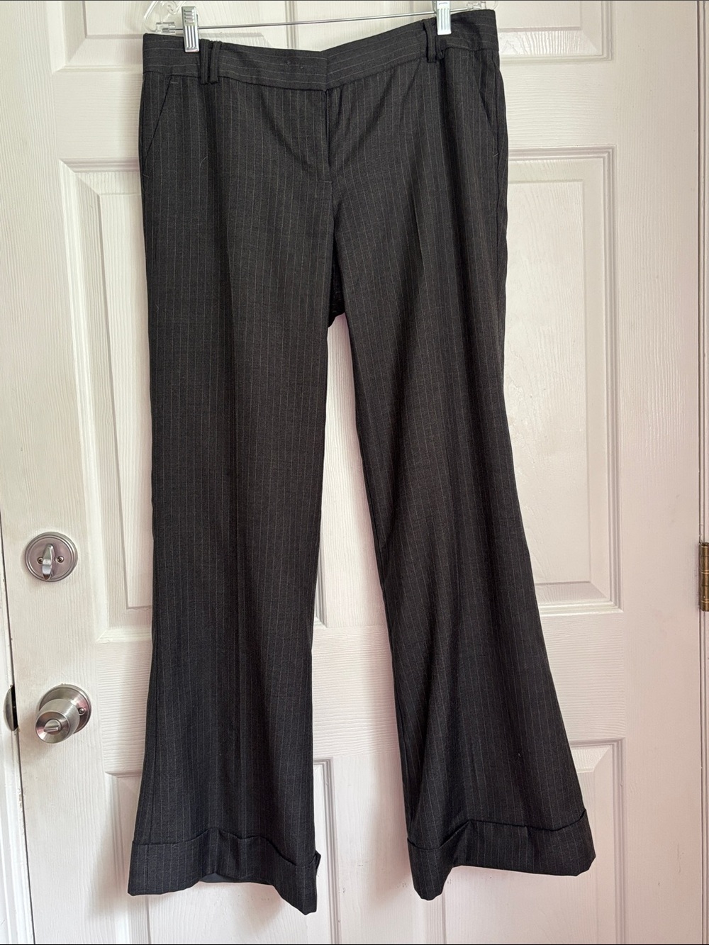 J. Crew Y2K City Fit Wide Leg Cuffed Dress Pants Gray Pin stripe size 10 work